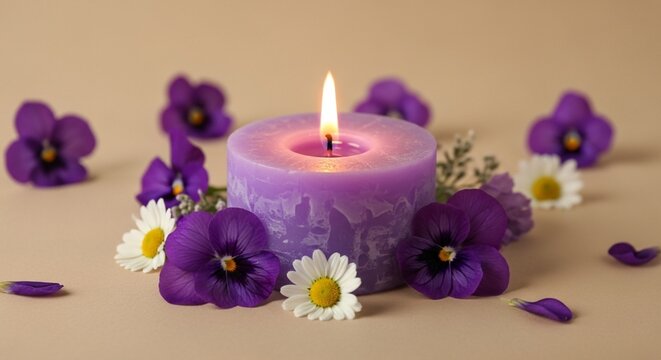 Purple Scented Pillar Candle with Violet Pansies and Daisies