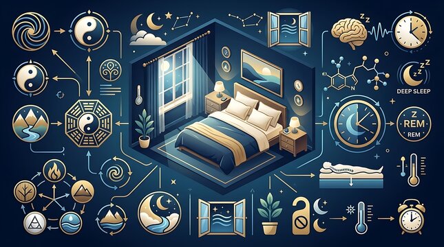 Isometric bedroom sleep hygiene and feng shui infographic