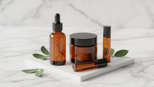 Amber Glass Skincare Bottles and Jar Mockup on Marble Background