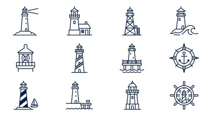 Fototapeta premium Industrial Minimalist Line Drawing Set of Nautical Lighthouses Compasses and Ship Wheel Icons in Monochrome