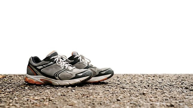 A pair of worn running shoes sitting on a gravel surface with a white background