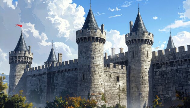Majestic stone fortress with conical turrets stands against a bright sky
