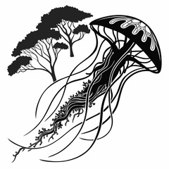 Jellyfish swimming near silhouette trees graphic art with jellyfish wildlife silhouette creative © AR