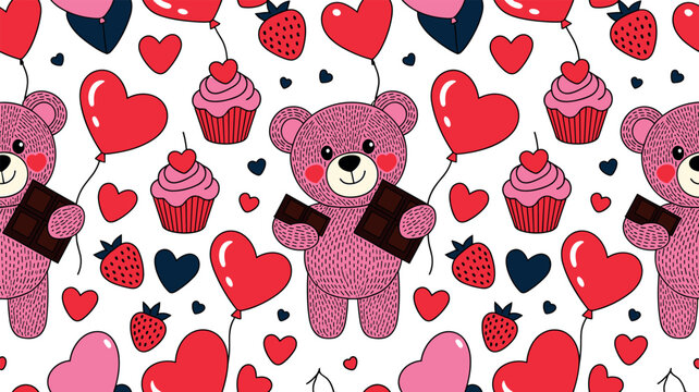 Cute Valentine seamless pattern with pink teddy bear holding heart balloon cupcake and strawberry on white background vector