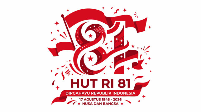 Red white 81st Indonesian Independence Day anniversary banner for HUT RI 2026 featuring ribbons and typography hilangkan gambar garuda theme