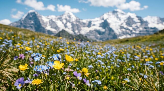 Beautiful Alpine Meadow with Wildflowers and Snow Covered Mountains.
