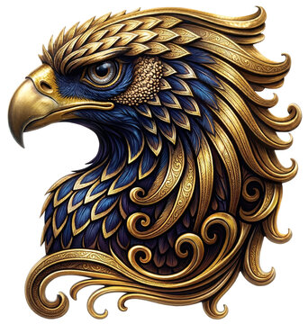 A majestic eagle head illustration featuring striking dark blue feathers contrasted by intricate, swirling gold filigree and ornamental details.