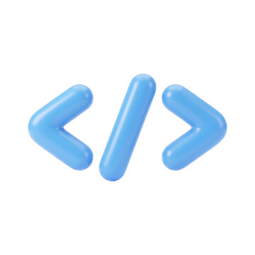 3D plastic code brackets icon with blue html tags and slash isolated on white background
