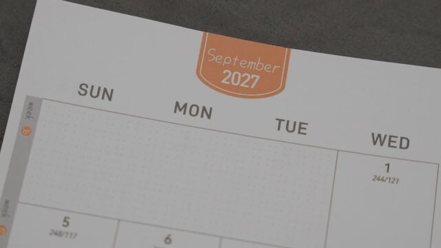 September 2027 planner page with slow right camera movement for annual scheduling and calendar planning concept