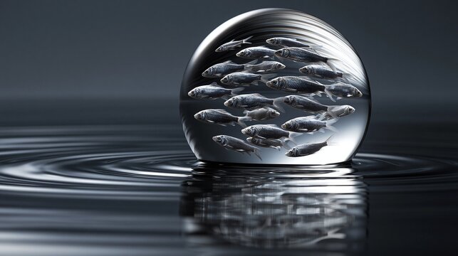 School of fish inside glass sphere on dark water surreal ocean art