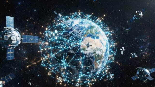Global Satellite Communication Network Encircling Planet Earth in Space, 3D Render