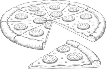 白い背景に、1スライスが全体のパイから切り離された美味しそうなペパロニピザの手書きイラスト © Papri_stock
