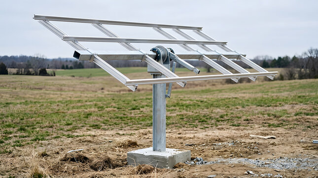 adjustable solar panel tracker mounting frame | ground mounted solar tracking system installation | renewable energy infrastructure on farm land | heavy duty steel solar racking structure