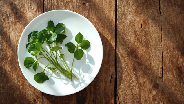 centella asiatica fresh green leaves arranged on white ceramic plate rustic wooden table natural light botanical organic herb gotu kola superfood plant based wellness ingredients fresh farm produce