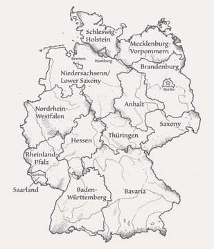 Hand Drawn Sketch Style German States Map With Regional Borders And Names