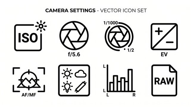 Camera settings vector icon set featuring iso aperture shutter speed exposure value histogram with displays collection camera vector icons with illustration