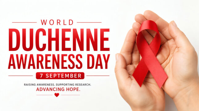 world duchenne awareness day bold red text on clean white background professional high contrast elegant hope urgency concept for campaigns awareness events medical charities and social impact visuals