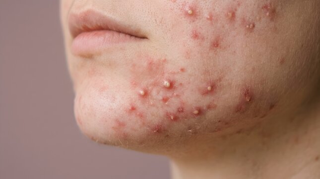 Severe acne on young adult skin close up of inflammatory breakouts