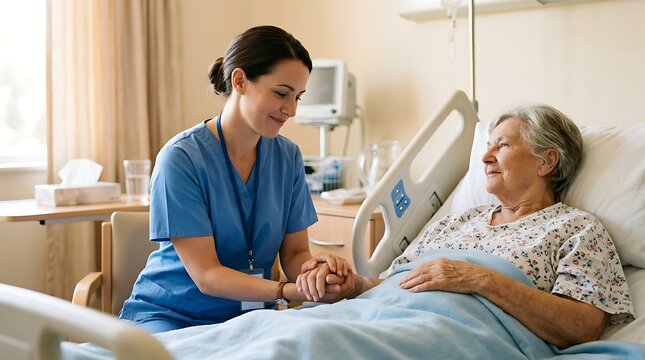 A compassionate nurse holds the hand of an elderly patient in a hospital bed