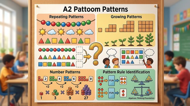 Educational mathematics poster about patterns in a primary classroom