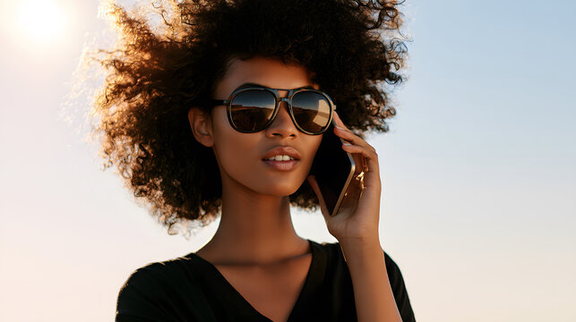 A captivating close-up of a stylish young adult with remarkable curly hair and fashionable sunglasses, confidently engaged in a phone conversation under the bright, natural daylight
