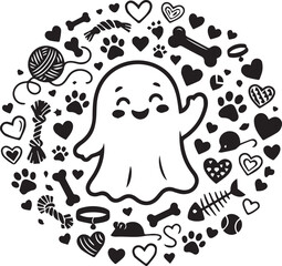 Fototapeta premium Cute ghost surrounded by pet-themed objects like bones, hearts, paws, and toys, forming a lovely circle.