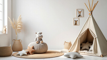Boho style childrens playroom with fabric teepee and woven decor playroom children interior © Sadiya Digital