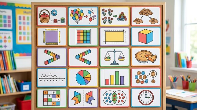 Primary school math concept flashcards on a bulletin board