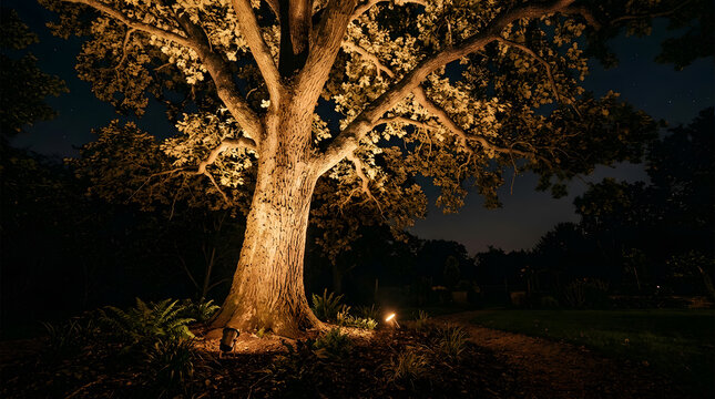 Professional landscape tree uplighting ideas | Outdoor accent lighting for large oak trees | Low voltage garden lighting installation | Backyard night illumination design