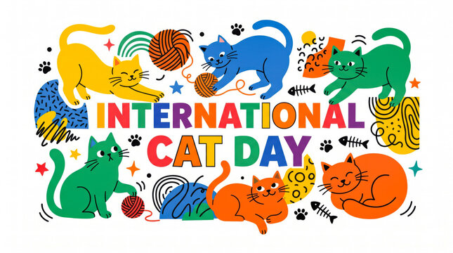 Colorful cats celebrating international cat day with playful elements