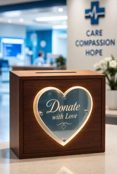 modern donation box heart concept with glowing glass symbol for charity organ donation medical facility background