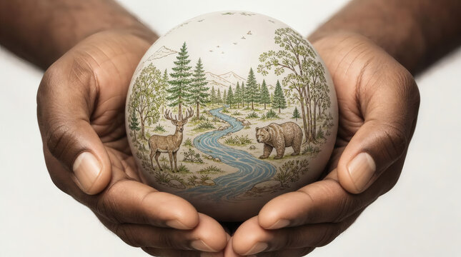 sustainable future concept earth in wrinkled dark hands with wildlife line art deer bear river trees soft natural lighting
