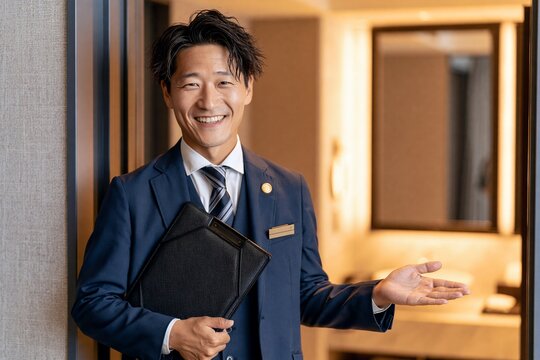 笑顔のホテルマンがお客様を温かく案内するビジネス風景