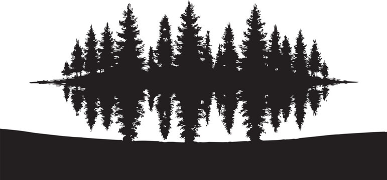 Pine trees with reflection in water during a clear day vector silhouette