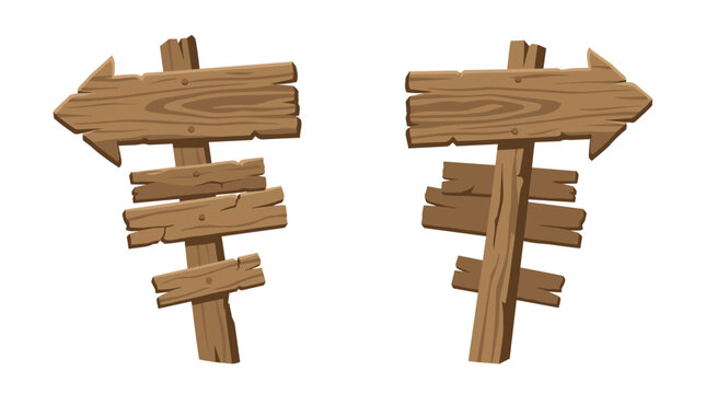 Two cartoonish wooden signposts with multiple planks pointing in opposite directions, isolated on a white background, suggesting choice or different paths.