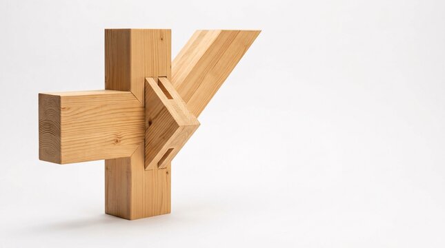 Structural glulam timber joint with interlocking wooden beams isolated on a seamless white background