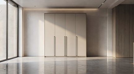 Fototapeta premium Modern minimalist interior with large windows and built-in wardrobe.