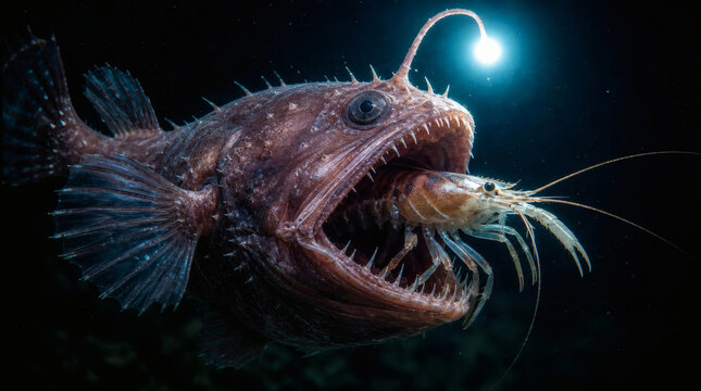 deep sea anglerfish predation with bioluminescent lamp consuming crustacean ultra realistic ocean floor wildlife dark blue black background glowing light intricate scales and gills stunning clarity my