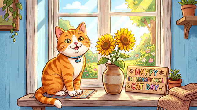 Happy orange and white cat sitting by sunny window on international cat day