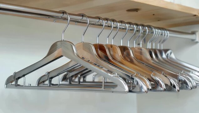 A minimalist and clean 4K home lifestyle video showcasing a neat row of identical chrome metal clothes hangers suspended on a wooden wardrobe rod inside a modern organized closet