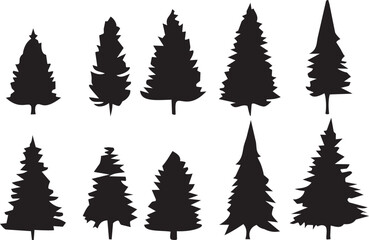 Obraz premium Various Pine Tree Silhouettes in a Single Row Against White Background