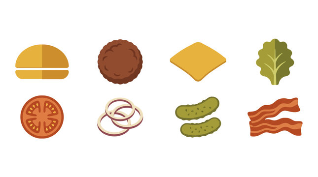 Collection of healthy fast food ingredients including burger bun patty lettuce tomato onion cucumber cheese and bacon for cooking and meal prep