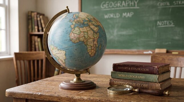 Vintage World Globe and Educational Books on a Wooden Classroom Desk