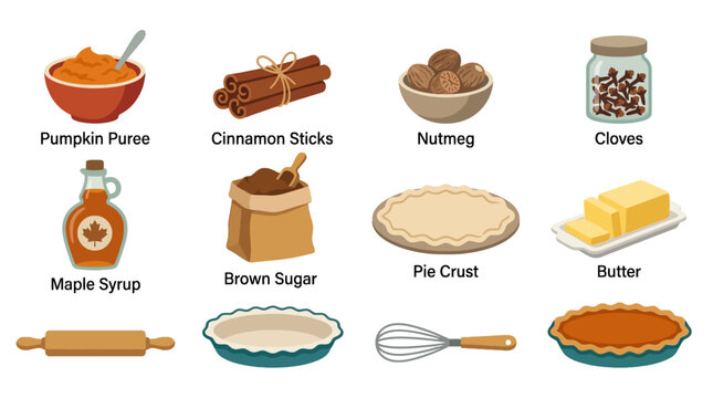 Collection of pumpkin puree cinnamon sticks nutmeg cloves syrup sugar pie crust butter for baking and cooking recipes
