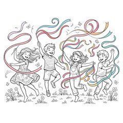 Fototapeta premium Happy children dancing with colorful ribbons