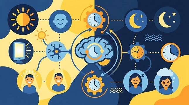Circadian rhythm infographic with biological clock and sleep cycles
