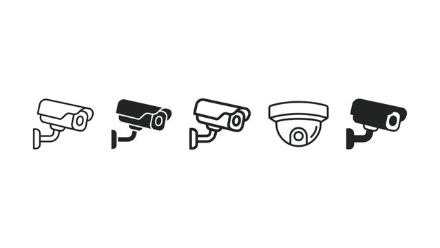 Set of black outline icons representing various security surveillance camera devices