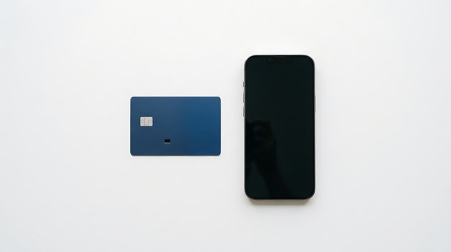 A smartphone and a credit card on a white background, representing online shopping and digital payment