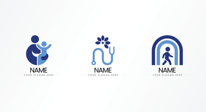 Set of blue pediatric medical logos with freepik frame design, pediatric