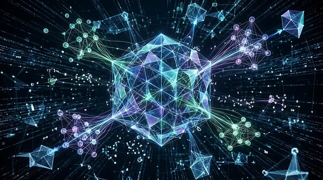 Glowing geometric network connecting digital data nodes